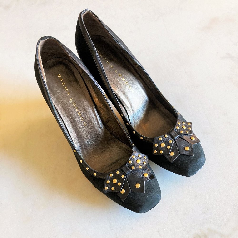 Sacha London black leather high heel pump shoes, western / boho, gold hardware